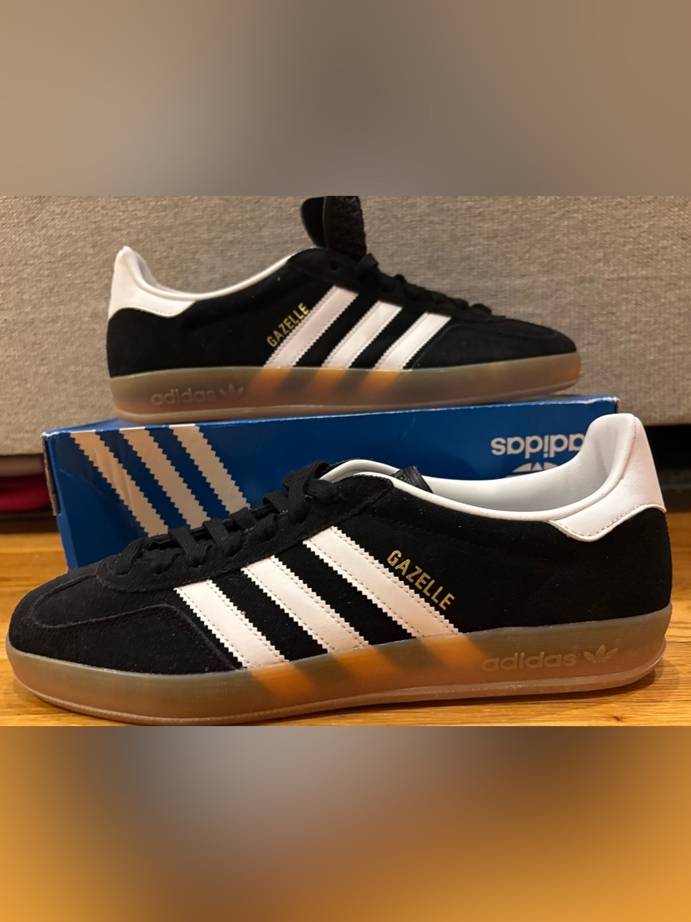 adidas Gazelle Black & White Suede Sneakers with Gum Sole. Men’s size 10.
